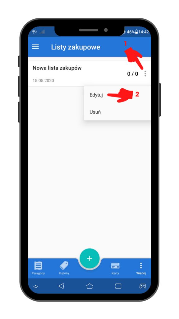 Zmiana nazwy listy zakupowej - widok na Android