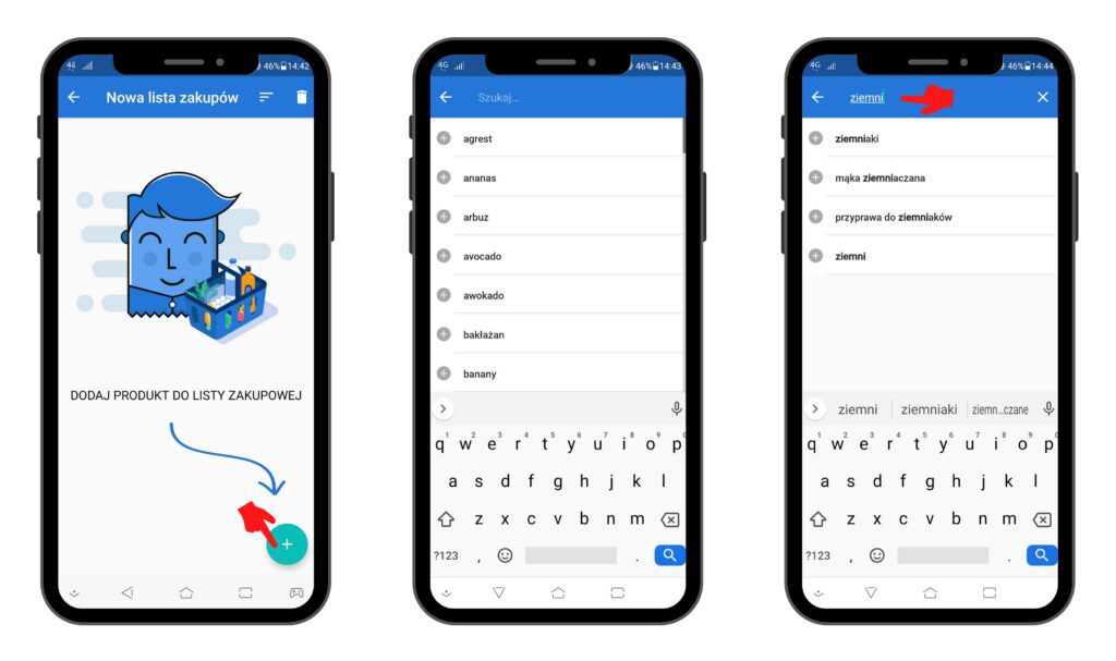 Dodawanie produktów do listy zakupowej - widok na Android