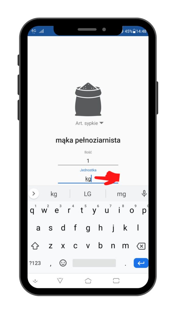 Zmiana jednostki - widok na Android
