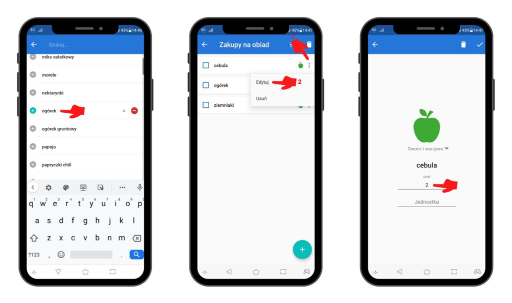 Edycja ilości i jednostek produktów - widok na Android