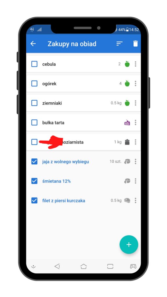 Zaznaczanie kupionych produktów - widok na Android