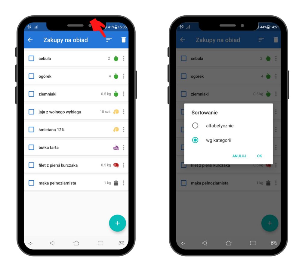 Sortowanie produktów - widok na Android