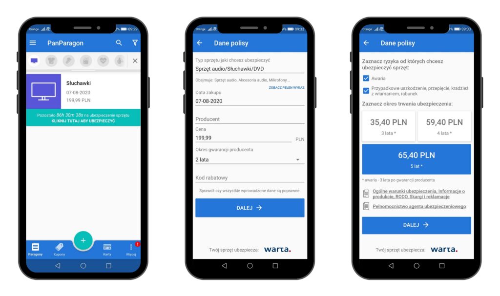 Zakup polisy w aplikacji PanParagon - widok na Android
