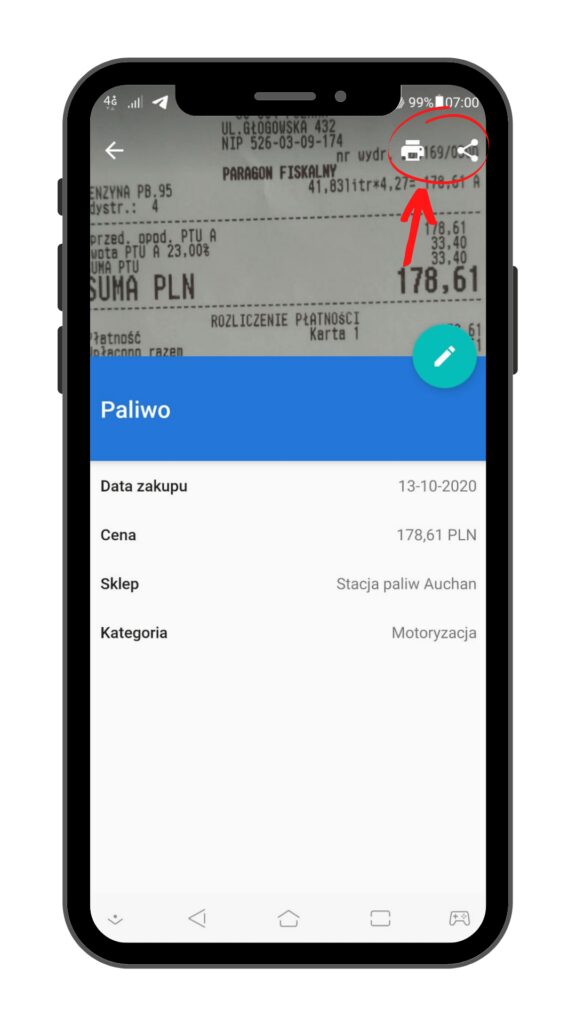 PanParagon: wydruk i udostępnianie paragonów - widok na Android