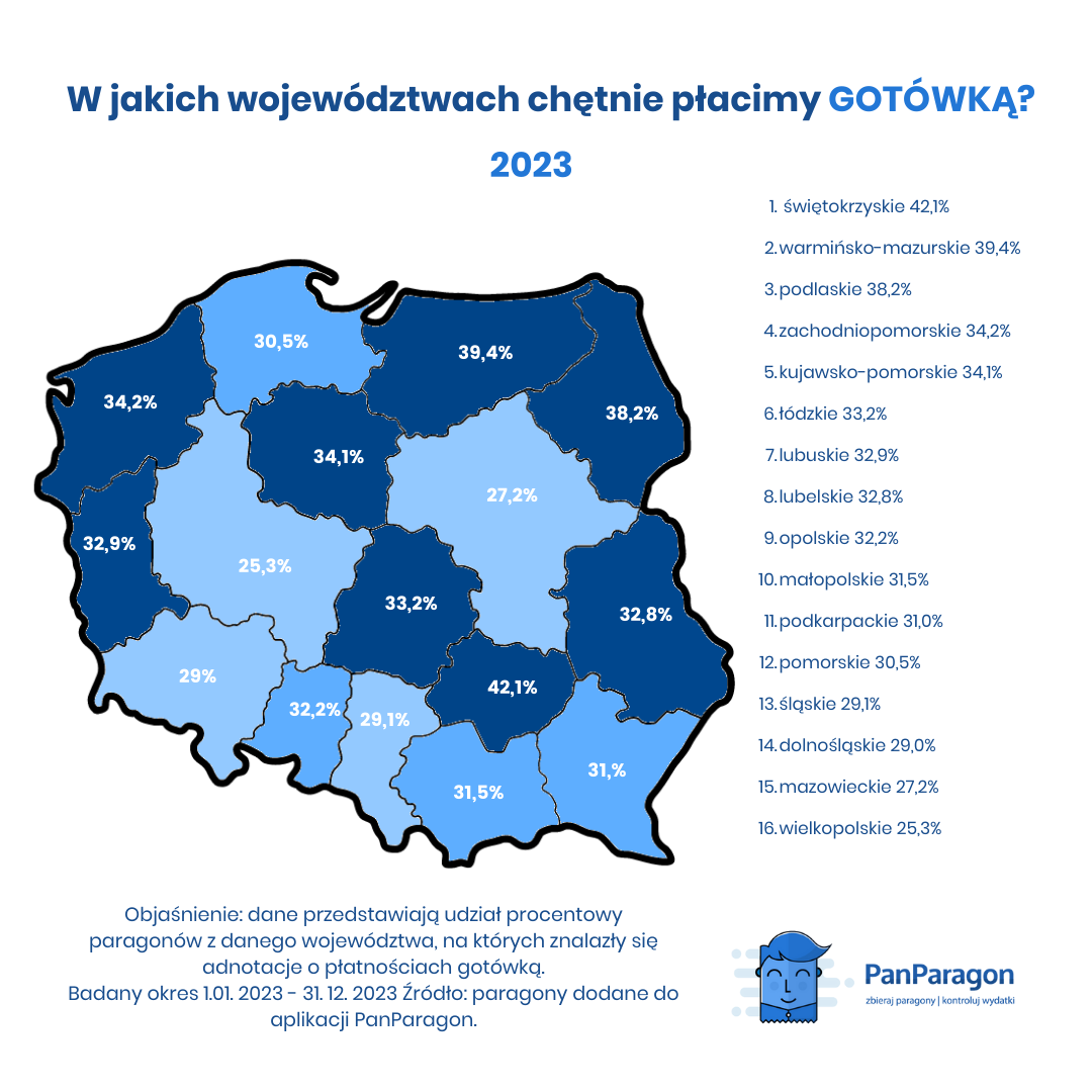 W jakich województwach chętnie płacimy gotówką 2023 - mapa 
